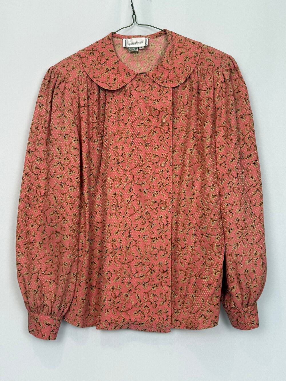 Vintage Neiman Marcus Anne Hall Silk Blouse Pink Scroll Sz 8